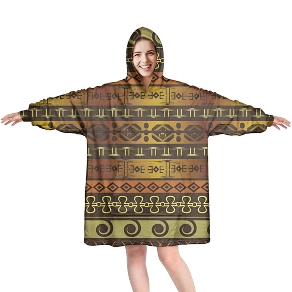 Wearable Oversized Blanket,Boho Golden Ethnic Pattern Wearable Blanket Hoodie for Adults,Cozy Hooded Blankets with Super Pockets,Super Warm Fuzzy Pullover for Women & Men