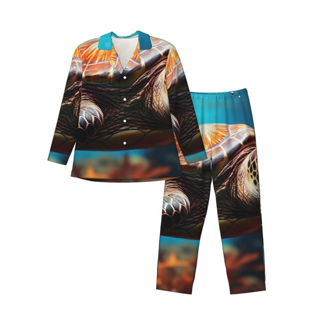 Fotbe Realistic Turtle Pijama de Hombre con Estampado de Manga Larga, Conjunto de 2 Piezas, Ropa de Dormir Suave y Cómoda con Bolsillos-Small