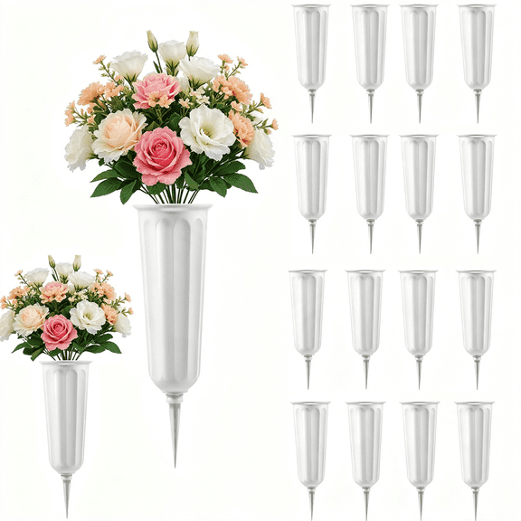 White Memorial Floral Vases for Cemetery,Grave Flower Holder,Memorial Floral Vase Cemetery Vases with Spikes (16 Pack White)