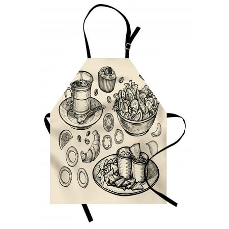 Sketch Apron Nachos Croissant Tea Onion Rings and Muffins Monochrome Illustration of Food, Unisex Kitchen Bib Apron with Adjustable Neck for Cooking Baking Gardening, Beige and Black, by