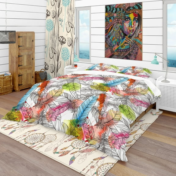Designart 'Pattern with Hand Drawn Feathers' Southwestern Duvet Cover Set