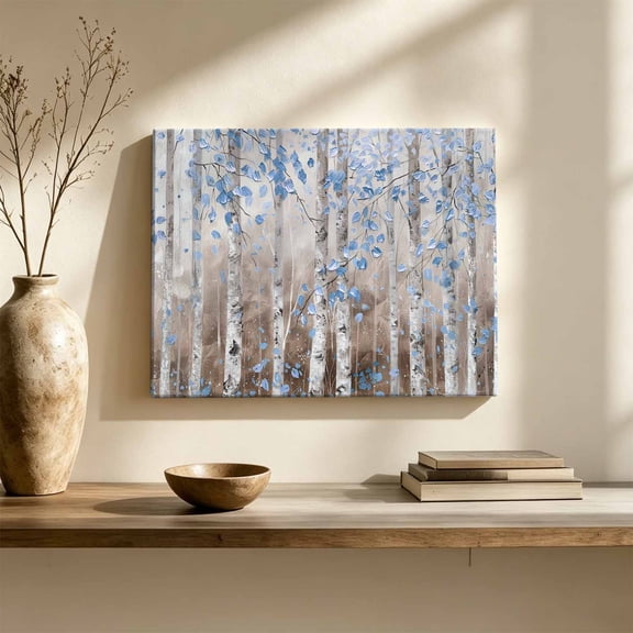 Nature Landscape Canvas Wall Art, Birch Leaves Blue Oil Painting Wall Art Prints Artwork Framed Canvas Ready to Hang Art Pictures for Large Dining Living Room Hallway 36" x 24"