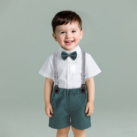 Toddler Boy Outfits Toddler Gentleman Short Sleeve Bow Tie Shirt and Suspenders Shorts Set Boys' Clothing Sets White 2-3 Years
