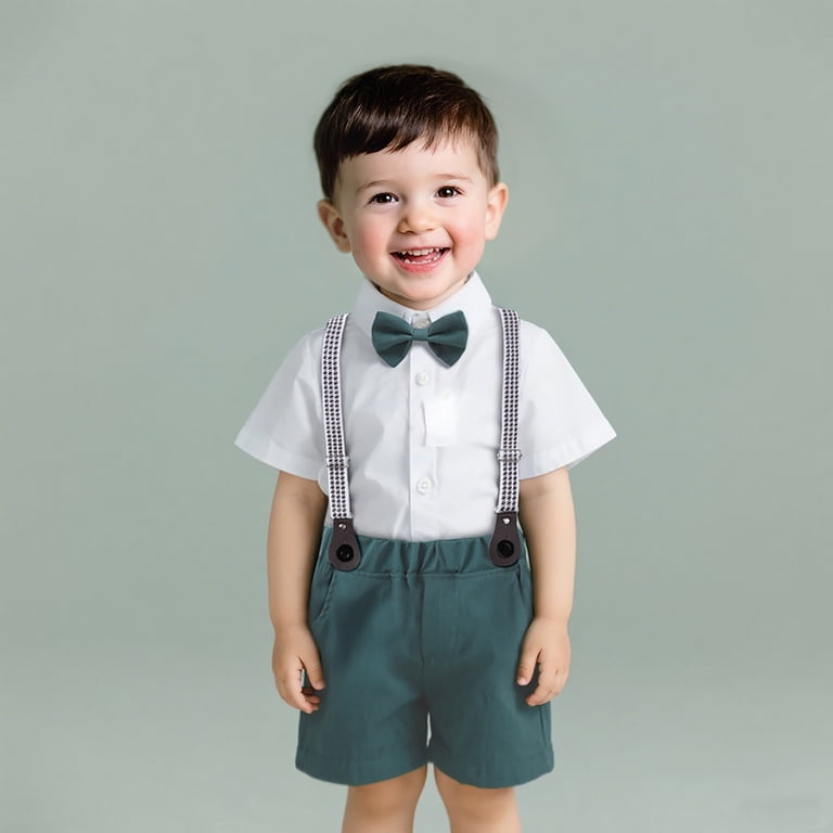 Volunboy Babypak voor jongens, korte mouwen, hemd met vlinderdas bretels, shorts, romper, zomerkledingset, Kaki, 12-18 Maanden