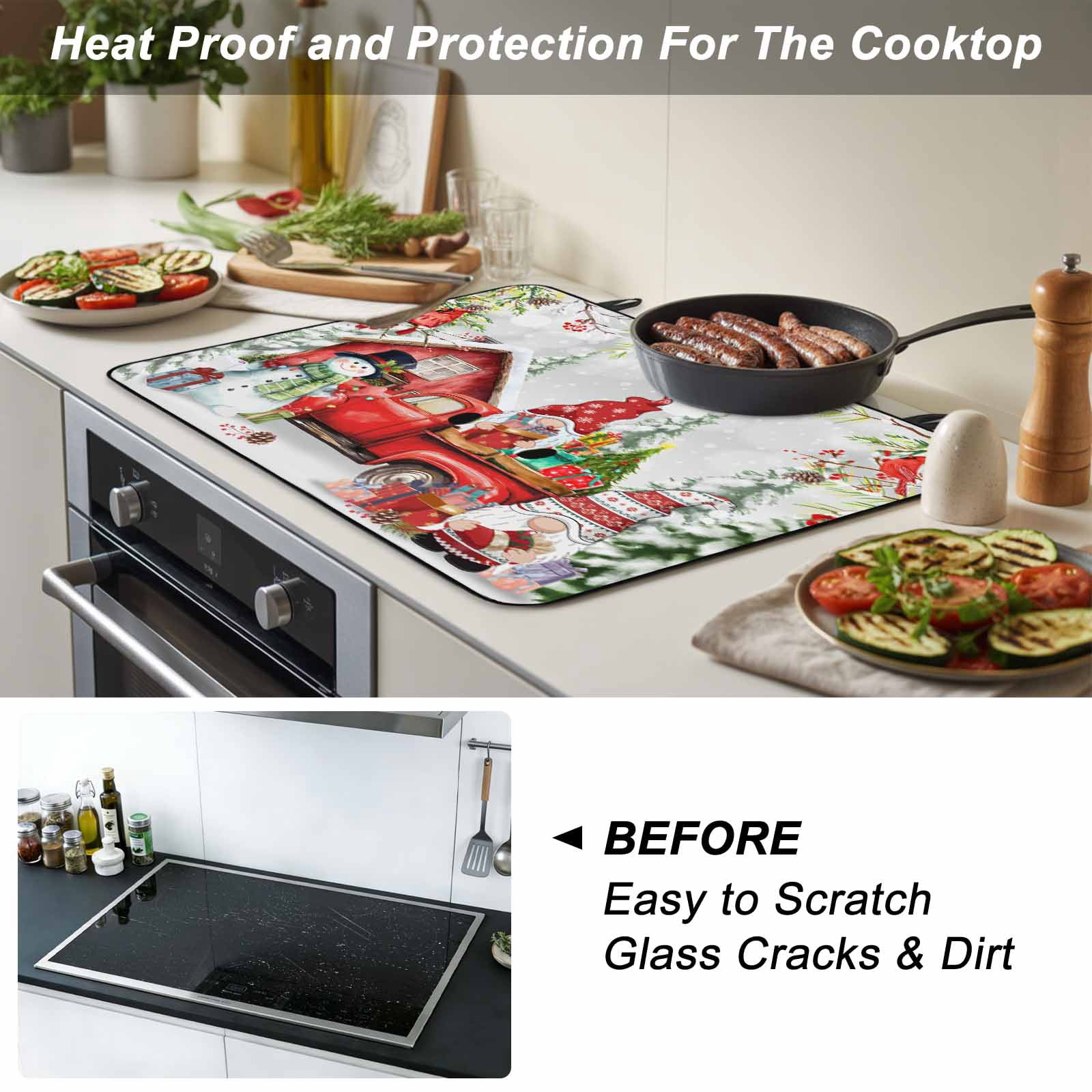 Red Christmas Stove Top Cover for Electric Stove, Heat-proof & Non Slip Glass Top Stove Cover Protector, Snowman Truck Gnomes Xmas Botanical Gifts Kitchen Flat Cooktop Rubber Mat 24x21 Inches