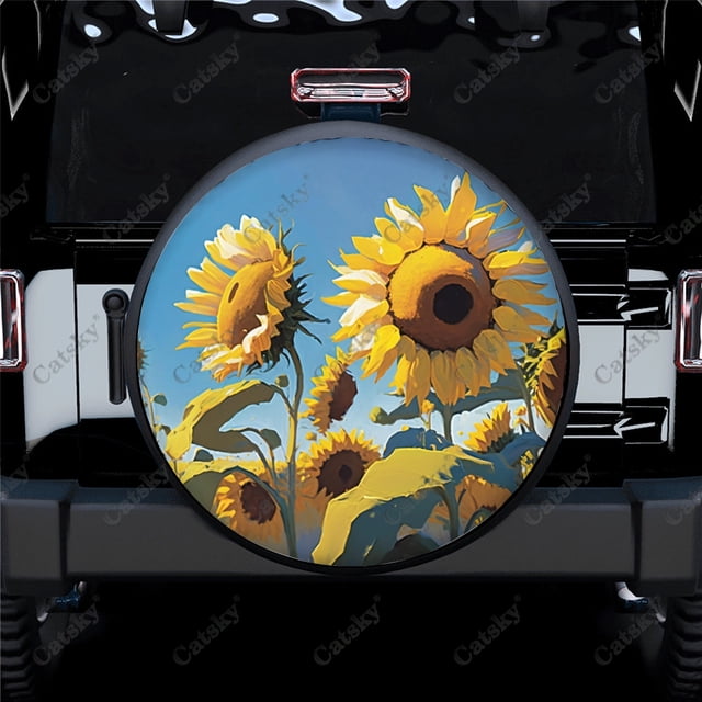 Painting Sunflowers In Field Pattern Polyester Universal Spare Wheel Tire Cover Wheel Covers for Trailer RV SUV Truck Camper