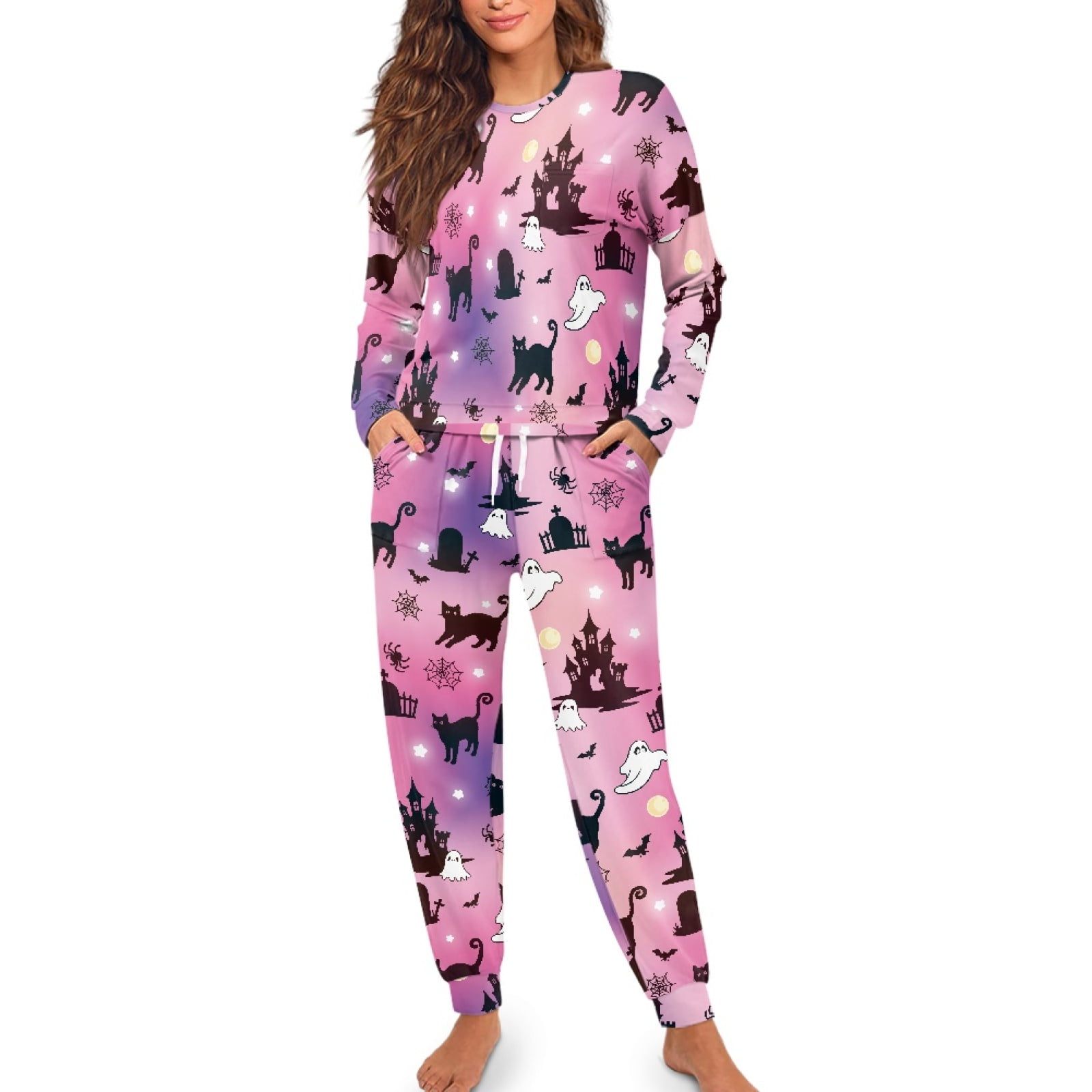 SCRAWLGOD Halloween Women s Pajama Set Long Sleeve Breathable Comfortable Pjs with Breast-Pocket Two Piece Round Collar Sleepwear with Pockets Elastic Band Spider Gravestone Cat Ghost Tie-Dye L