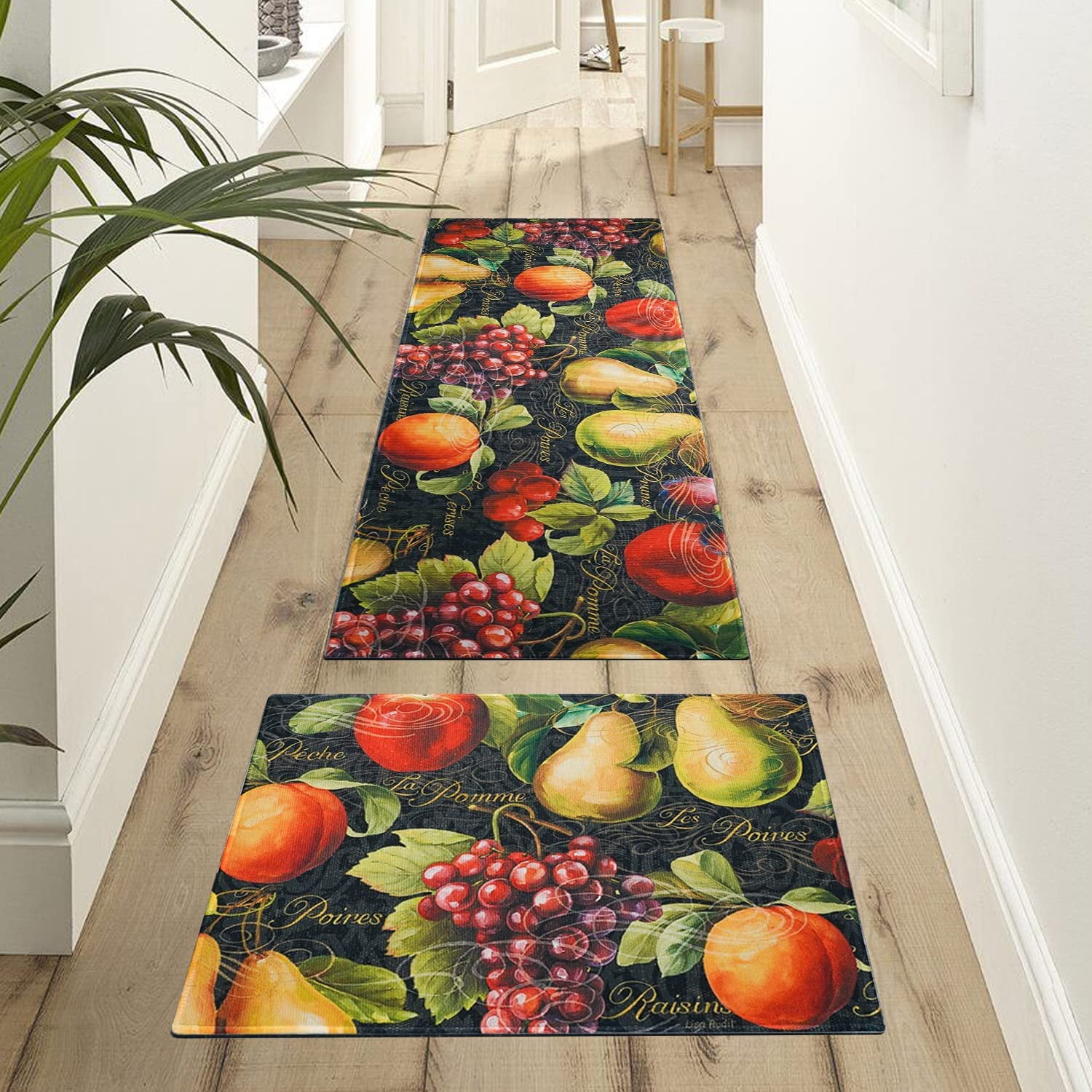Fall Fruit Kitchen Rugs Set 2 Piece Vintage Black Farmhouse Decorative Rug Runner for Kitchen Low-Profile Floor Mats Decorations for Home Kitchen (17"x48"+17"x30")