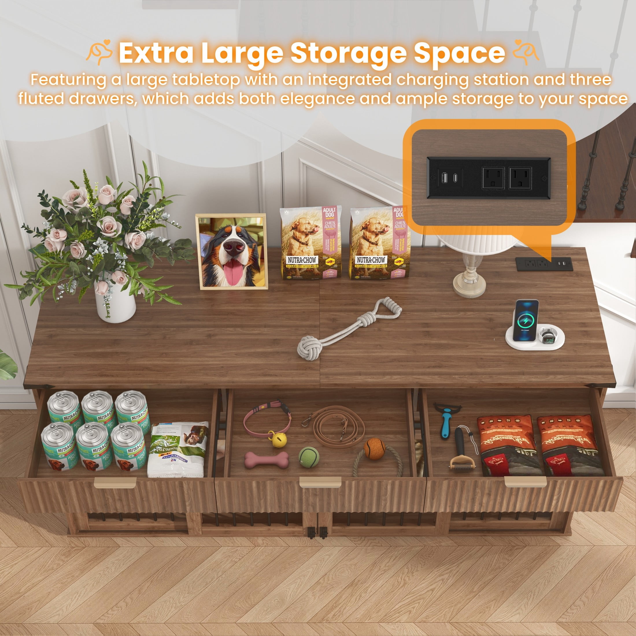Noble House 71" Double Dog Crate Furniture with Fluted Drawers, Large Kennel with Charging Station, Walnut