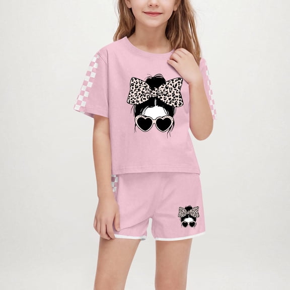 Big Girls Boys Tracksuit Sets 2 Piece Outfits Graphic Print Vacation Tee Top and Drawstring Waist Shorts Pink 13-14 Years