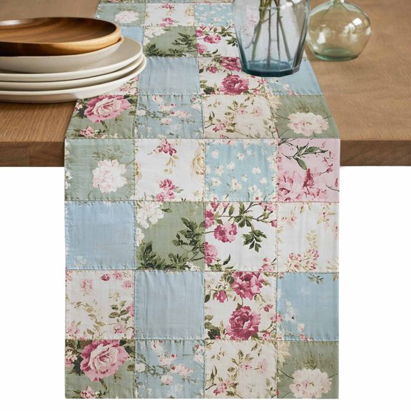 Table Runner Pink Floral Soft Linen Style Table Runner Cloth Farmhouse Blue Green Retro Dining Table Decor for Kitchen, Dining Room, Parties, Holiday & Everyday Use 13x72 Inch