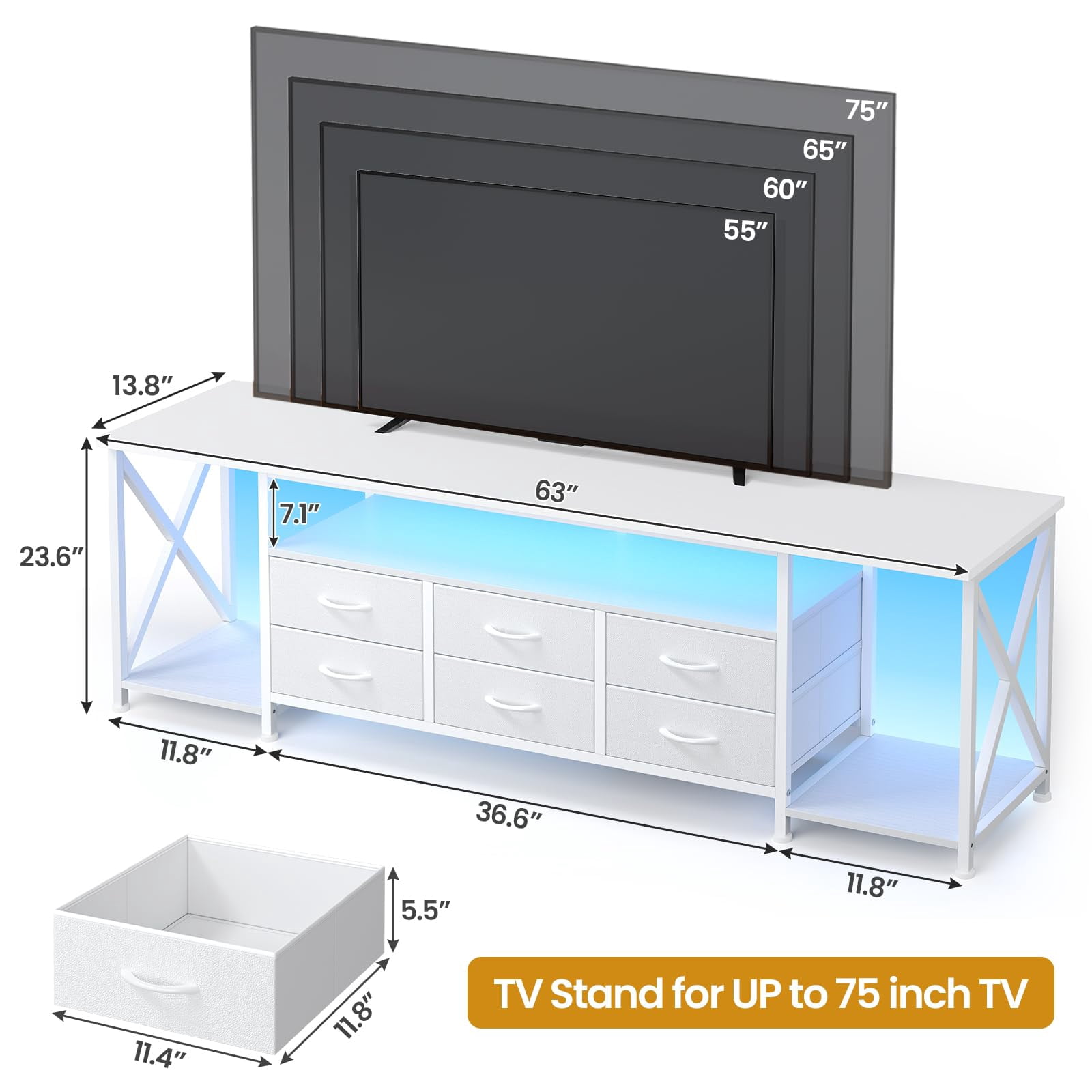 Afuhokles 63" TV Stand for 80 Inches TV, Entertainment Center with LED Lights and Power Outlets, 6 Fabric Drawers, White