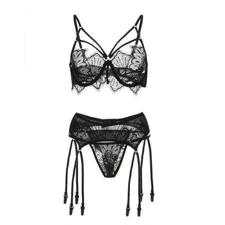 DondPO Lingerie for Women Lingerie Set Bra Polyester Flowers Embroidery Daily Woman Women s Lingerie Sleep & Lounge Sexy Pajama Sexy Lingerie Black XL