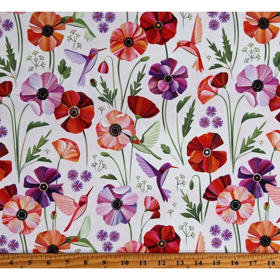 Cotton Poppy Field Poppies Flowers Floral Hummingbirds Spring Sunday White Cotton Fabric Print by the Yard (D90629-10)