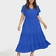 thumbnail image 3 of Vestido informal de talla grande para mujer con cuello en V, color liso, mangas con volantes y pliegues - Poliéster, moda de verano, 3 of 5