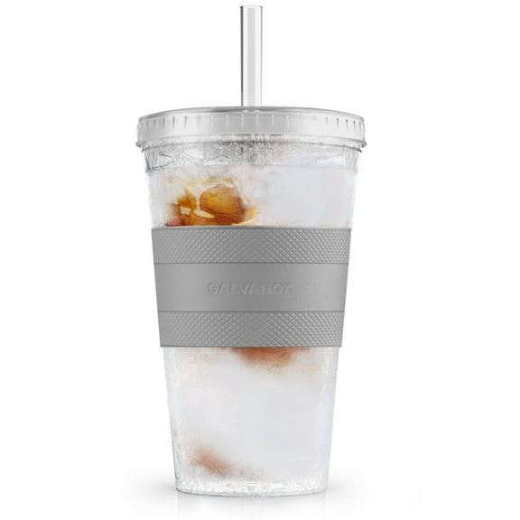 Galvanox Iced Coffee Cup with Lid and Straw, 16oz Reusable Insulated Freezer Tumbler with Sleeve (Grey)