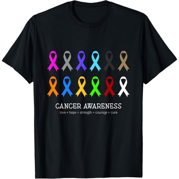 Multi-Color Cancer Awareness T-Shirt All Ribbon Support Graphic Tee Inspirational Love Hope Strength Courage Cure Warrior Survivor Apparel Retro Short Sleeve Unisex Black Top