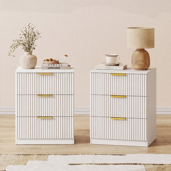 NVCODSA Fluted 3 Drawers Nightstand Set of 2, Modern Bedside Table for Bedroom,Living Room, White