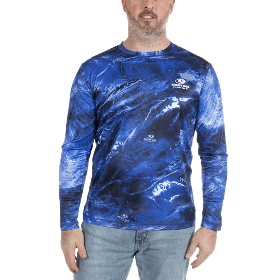 Mossy Oak Men's Long Sleeve Performance Tee, Mossy Oak Wakeform Dark Blue, Size Medium