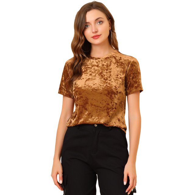 Día de San Patricio Camiseta Terciopelo Sólida Casual De Manga Corta Con Cuello Redondo Para Mujer Marrón M