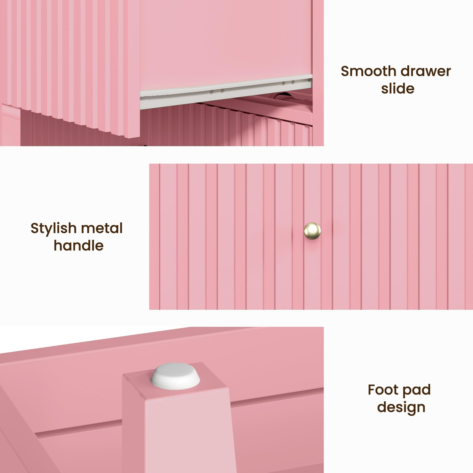 CozyHome Fluted Nightstand Set of 2, Modern Side Table with 2 Drawers & Storage Shelf, Wood End Table for Living Room, Bedroom, Pink