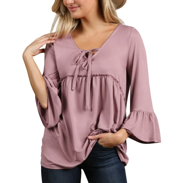 Doublju Womens 34 BELL Sleeve V Neck Tied Ruffle Casual Tunic Top With ...