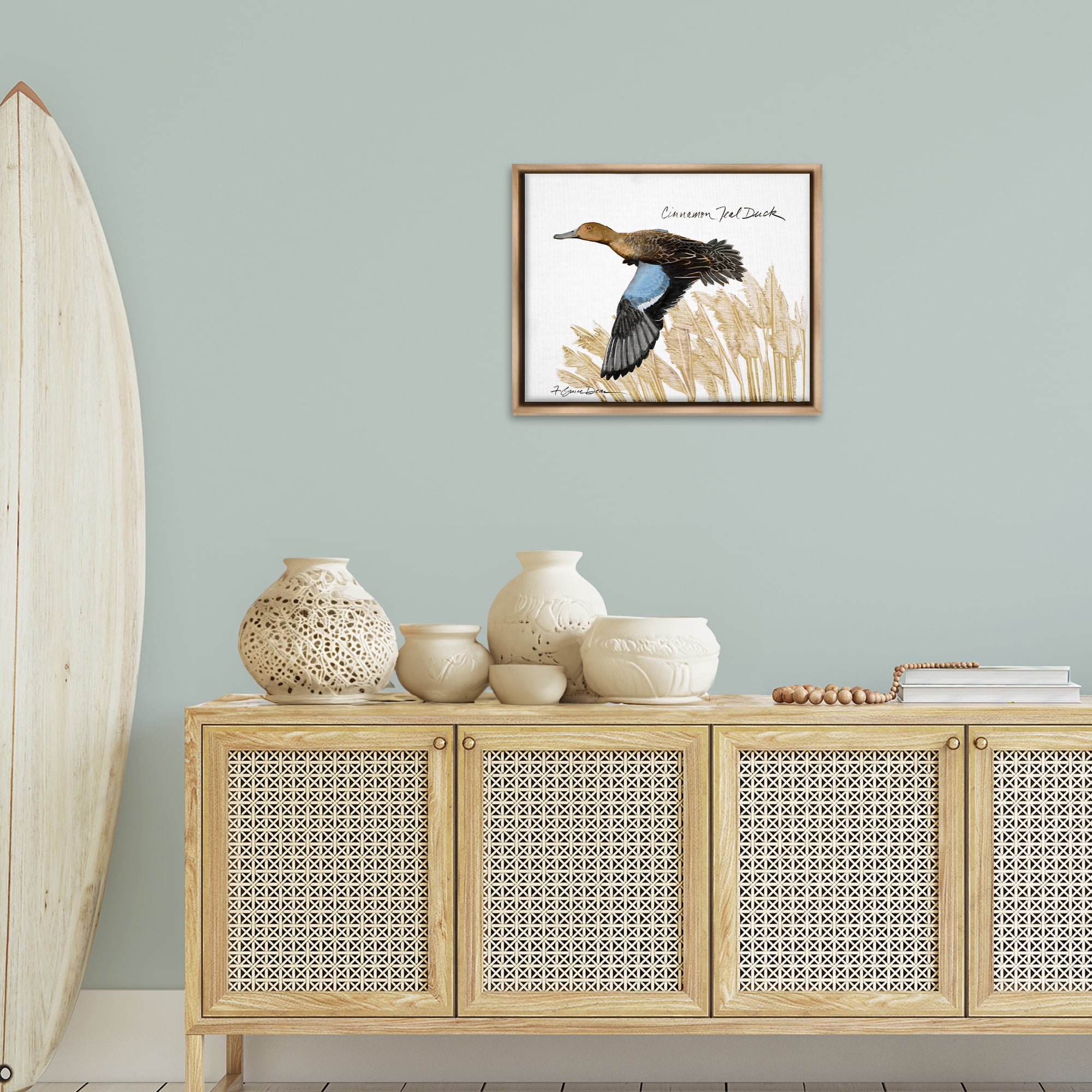 Stupell Industries Cinnamon Teal Duck Flying Animals & Insects Painting Brown Floater Framed Canvas Art Print Wall Art, 21 x 17