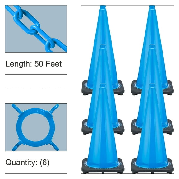 28 Inch Sky Blue Traffic Cone and Chain Kit (6 Pk)