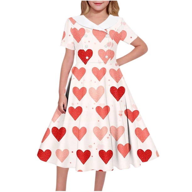 Vestido de manga corta con cuello en V para niña, estampado de manga corta, falda con cuello doblado y cintura mediana y grande, de poliéster.