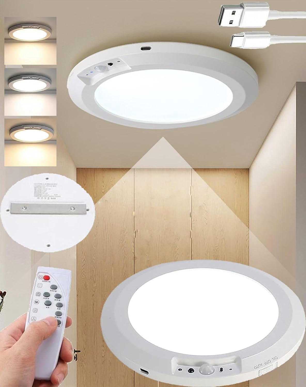 2026 New Rechargeable Motion Sensor Ceiling Light with Remote, Magnetic Ceiling Light, 3 CCT Dimmable & Magnetic Mount, for Shower Closet Hallway, Shed, Pantry (2PCS)