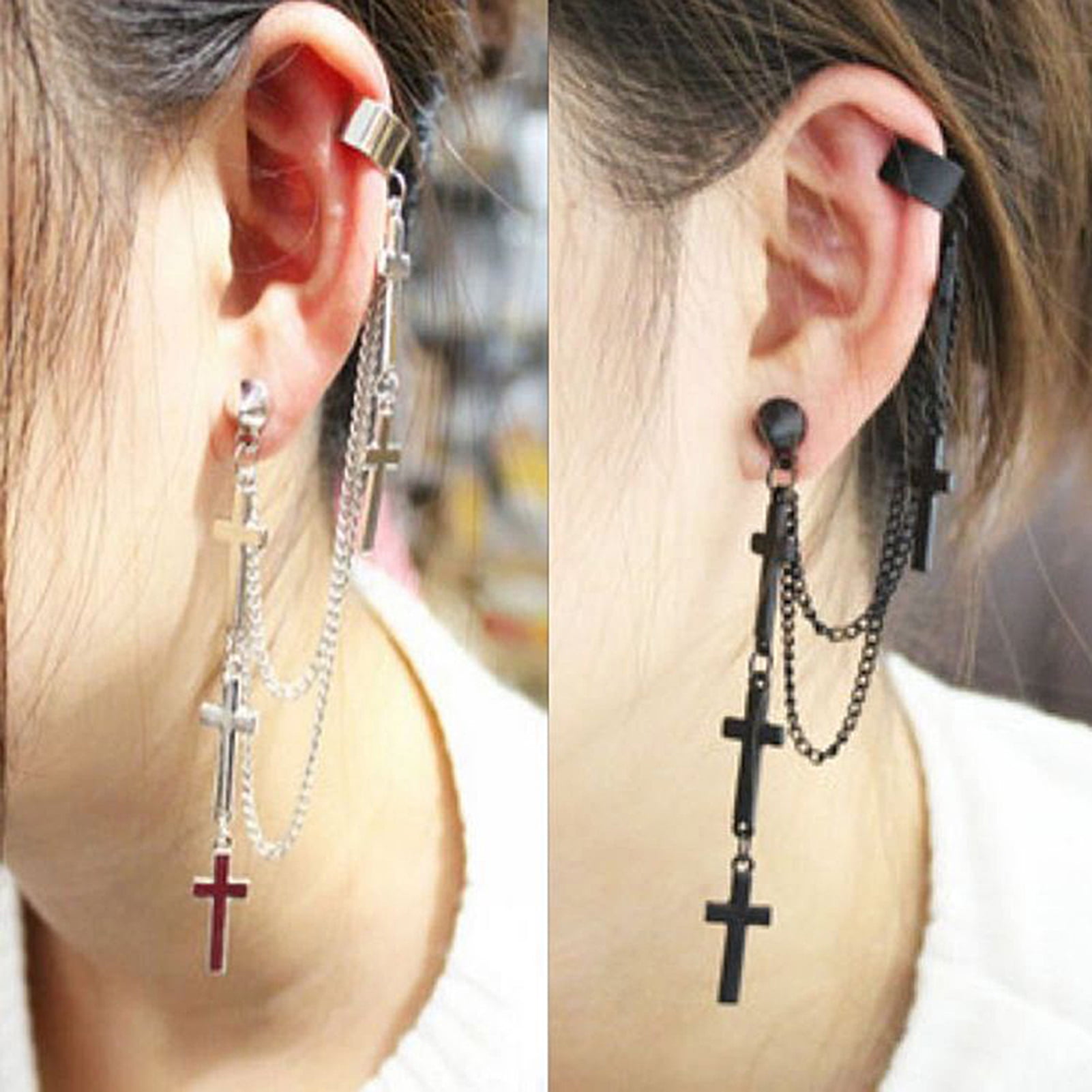 1Pc Black Cross Drop Earring with Chain Ear Cuff Trendy Women Fashion  Earrings
