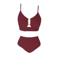 thumbnail image 5 of Minjewel Women's V-Neck Cutout High Waisted Bikini Two Piece Swimsuit,Textured Pleated Fabric with High Waist Bottoms,Sexy Beach Swimwear,Wine,M, 5 of 6