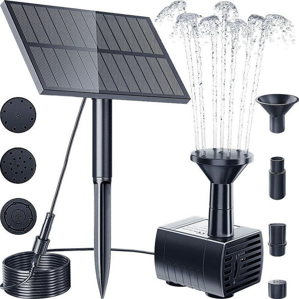 Fuente de agua solar personalizable para jardín, kit de bomba solar para estanque con 4 cabezales rociadores para una circulación de agua única, diseño de fuente solar ecológica para baño de pájaros