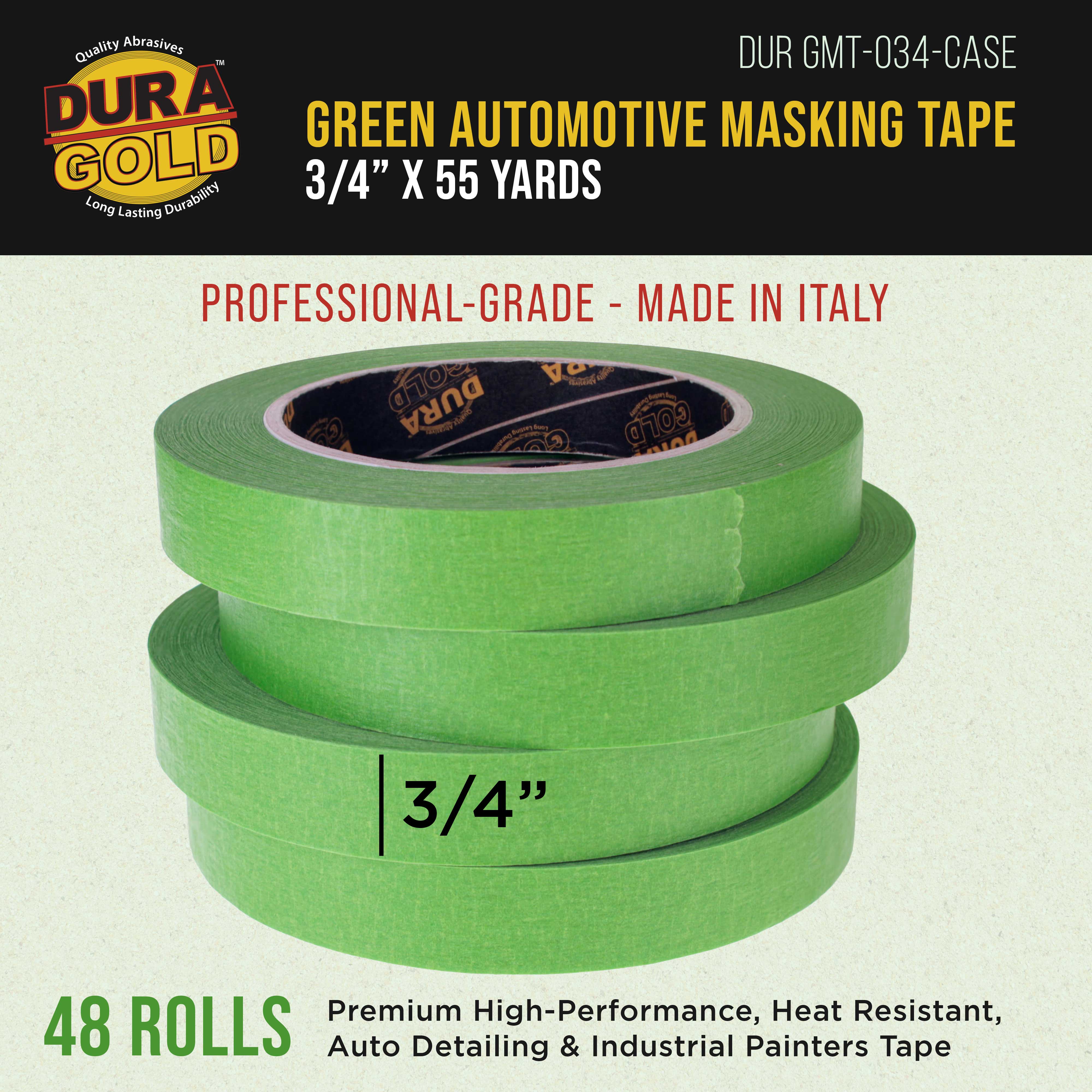 Dura-Gold Green Automotive Masking Tape 3/4 Inch (0.7 Inch x 55 Yards), Case of 48 Rolls - Premium High-Performance, Heat Resistant - Auto Refinish Painting, Car Detailing, Autobody, Painters Tape