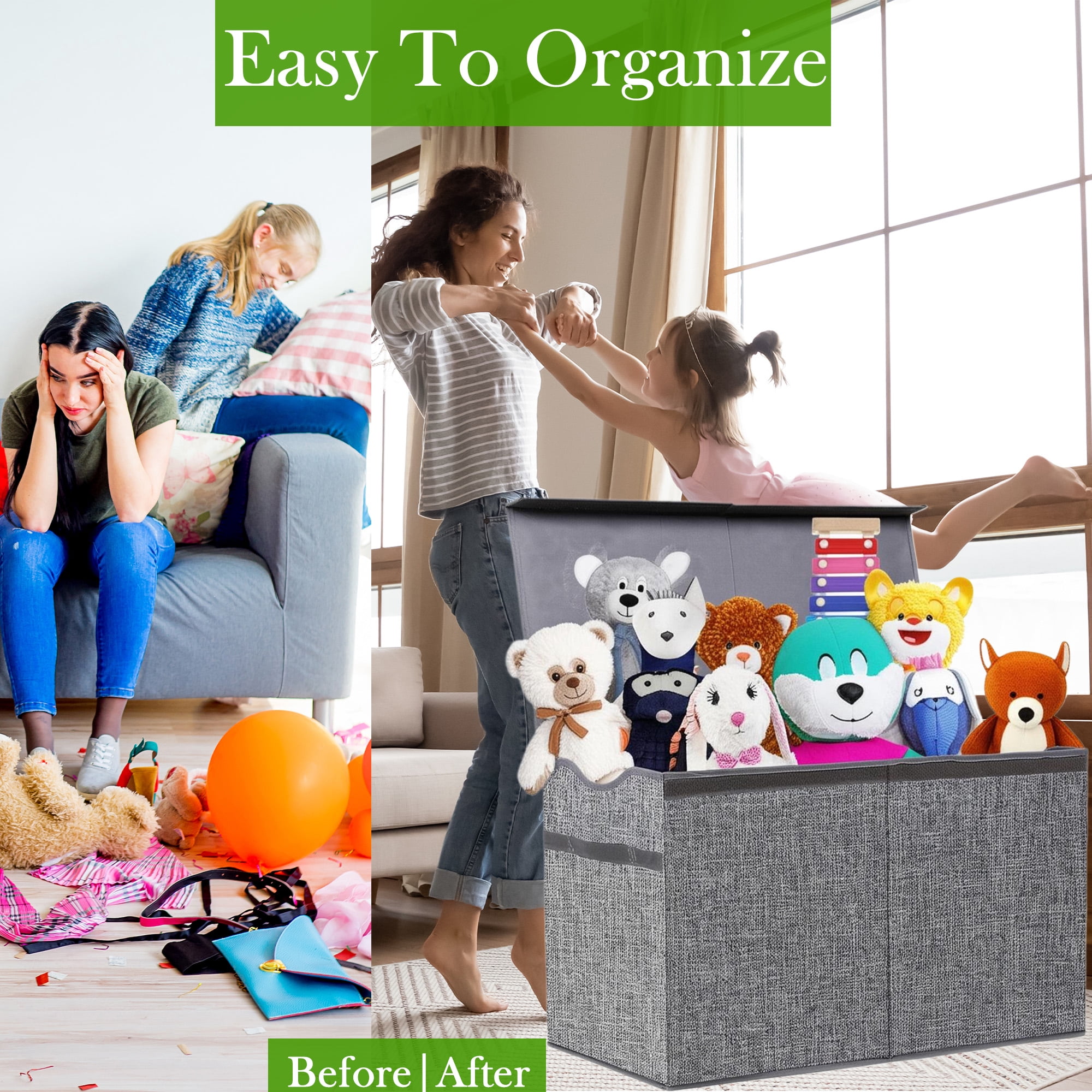 VICTORICH Extra Large Children's Collapsible Toy Storage Fabric 32 gal Kids Room Toy Chests with Lid, Gray
