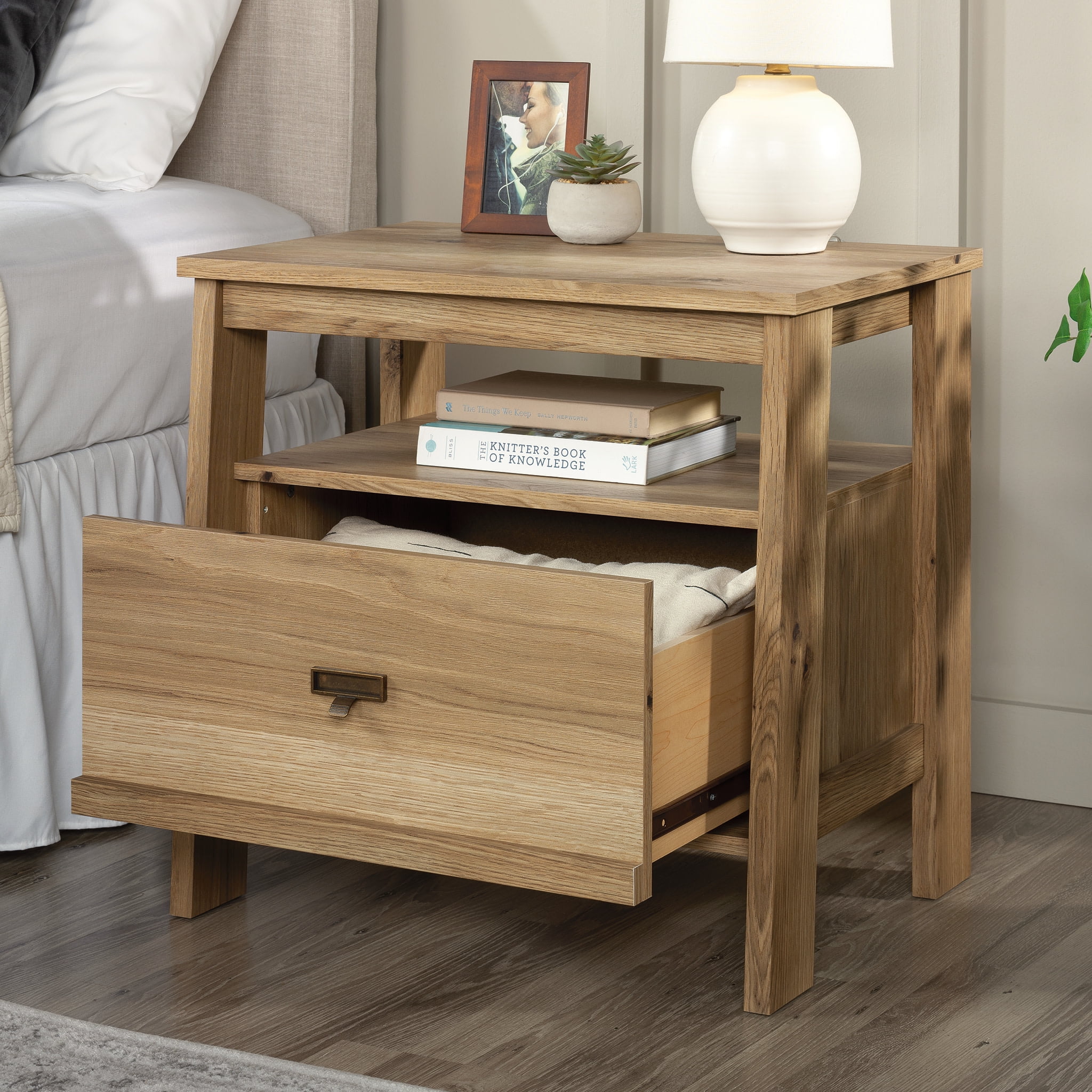 Sauder Trestle 1-Drawer Nightstand, Timber Oak Finish