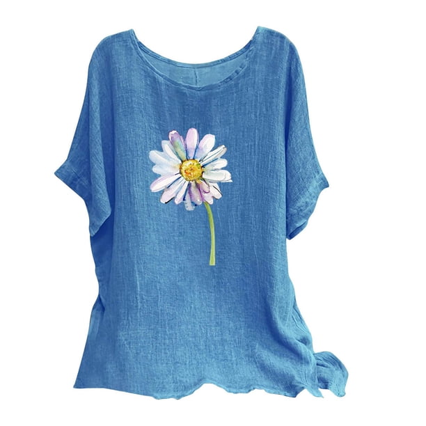 Camisetas de Manga Corta para las Mujeres Mezcla de Lino de Ajuste Suelto Top de Camiseta Casual, Blusas para las Mujeres Casual