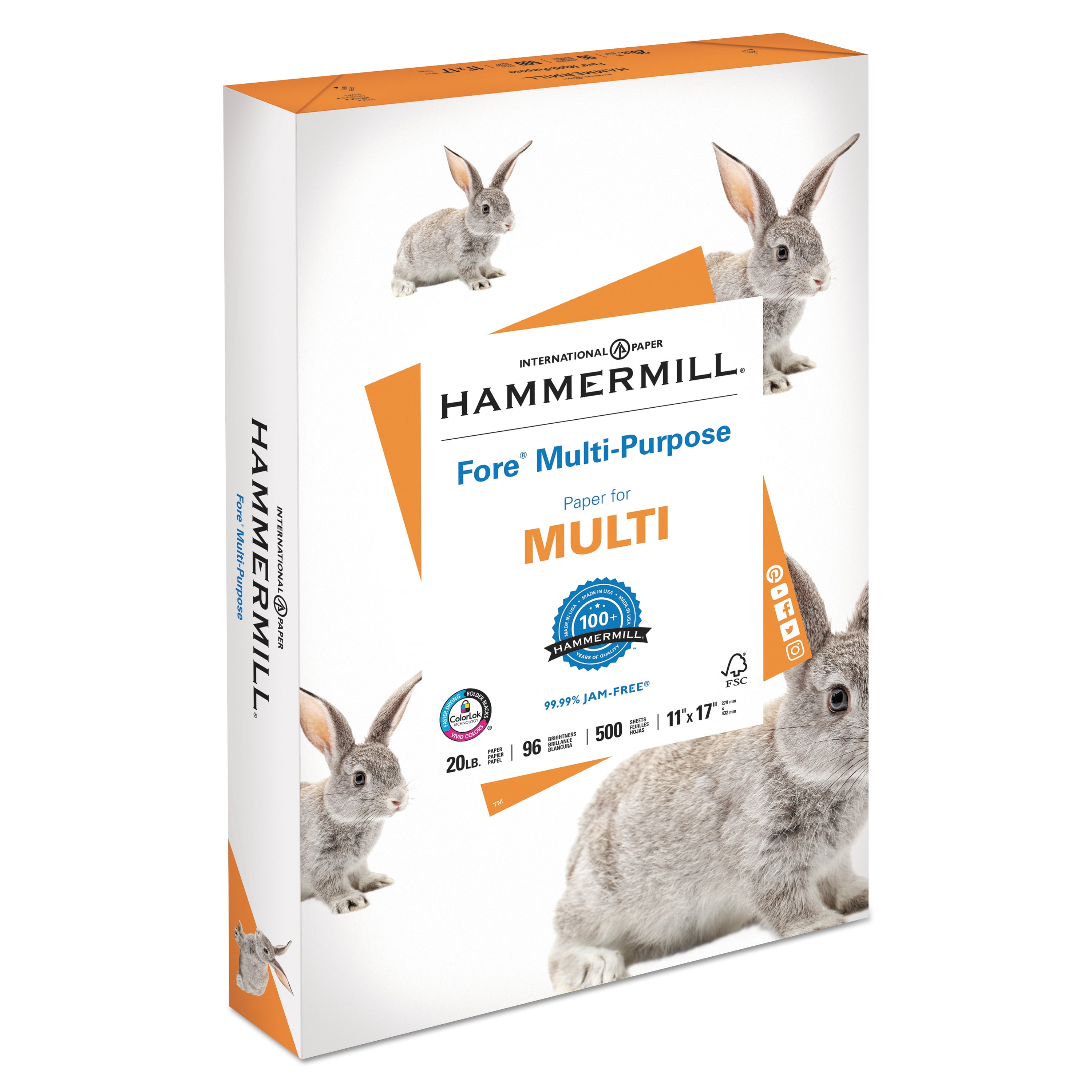 Hammermill Fore MP Multipurpose Paper 96 Brightness 20lb 11 x 17 White 500//Ream