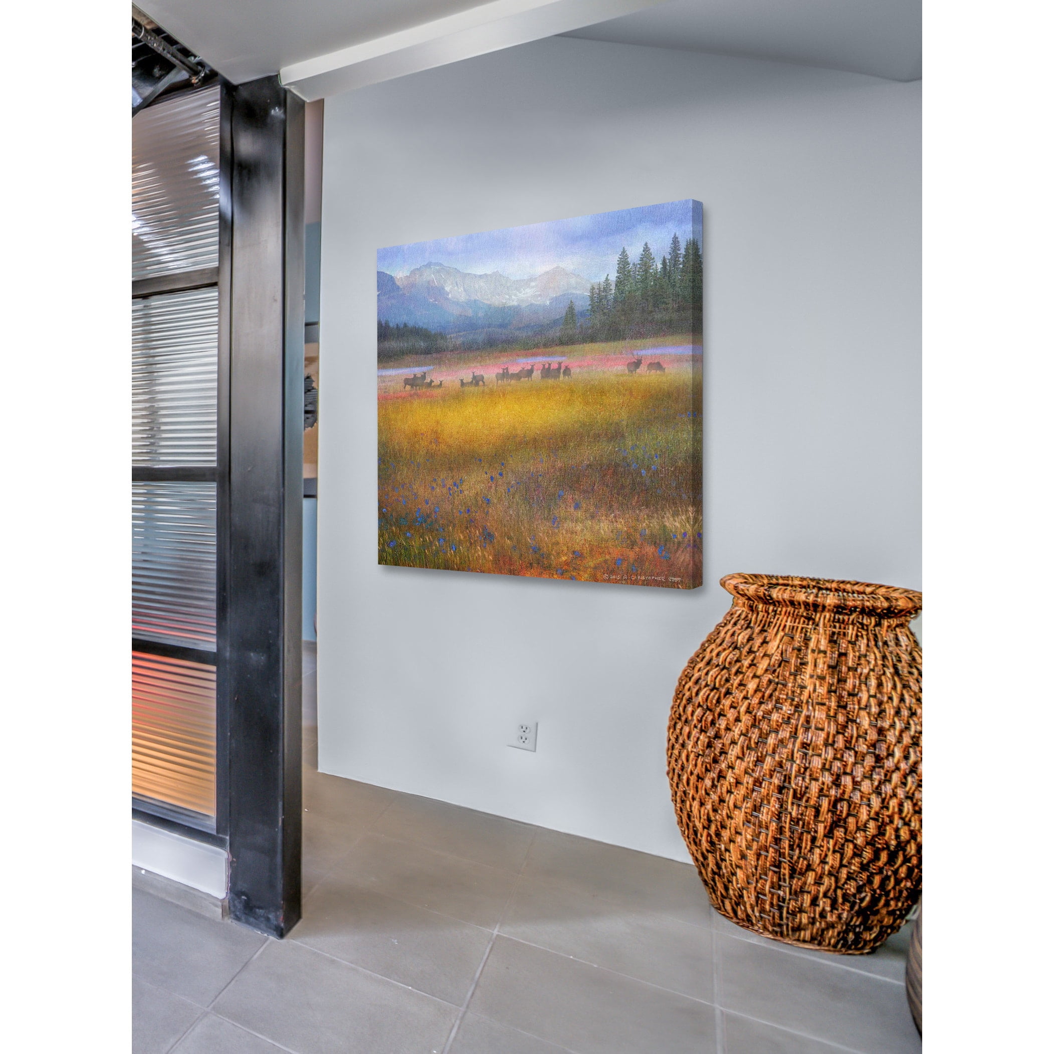 "Flowered Meadow Elk" Painting Print on Wrapped Canvas
