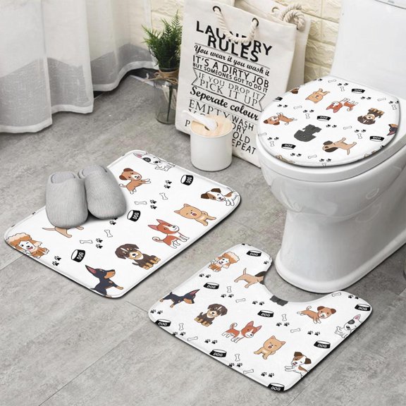 Cute Dogs Bathroom Rugs Sets 3 Piece,Toilet Cover Set,Absorbent Non Slip Bathroom Mats Sets with U-Shaped Contour Rug Toilet Rug Set