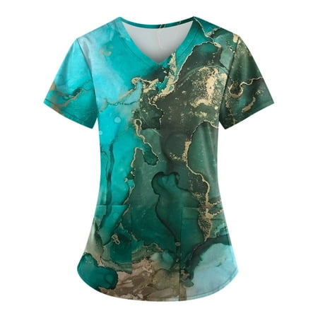 

Mlqidk Scrub Tops for Women Marble Printed Short Sleeve Nurse Working Uniform Summer V Neck Holiday Tunic Blouse with Pocket Green M