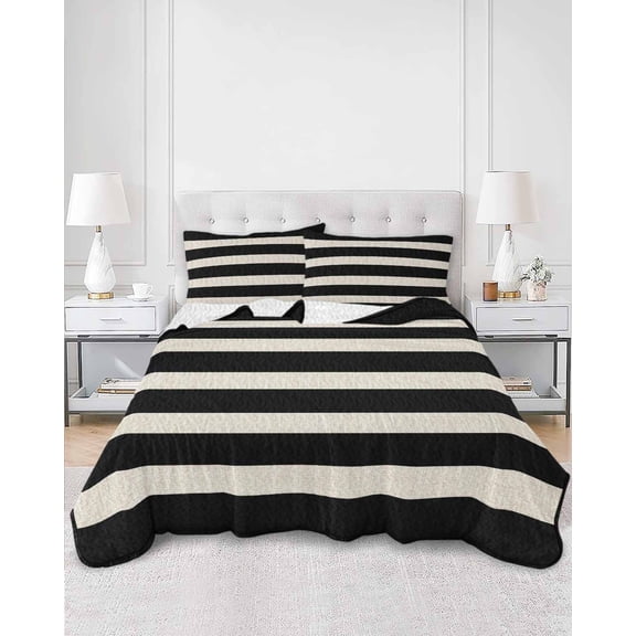 Quilts Queen Size, Black Beige Striped Soft Comforter Bedding Set for Bed, Vintage Geometric Line Simple Lightweight Quilted Bedspread with Pillow Cover(2 Pieces) for All Season, 90x96 Inch