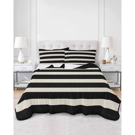 Quilts Twin XL Size Black Beige Striped Soft Comforter Bedding Set for Bed Vintage Geometric Line Simple Lightweight Quilted Bedspread with Pillow Cover(2 Pieces) for All Season 68x98 Inch