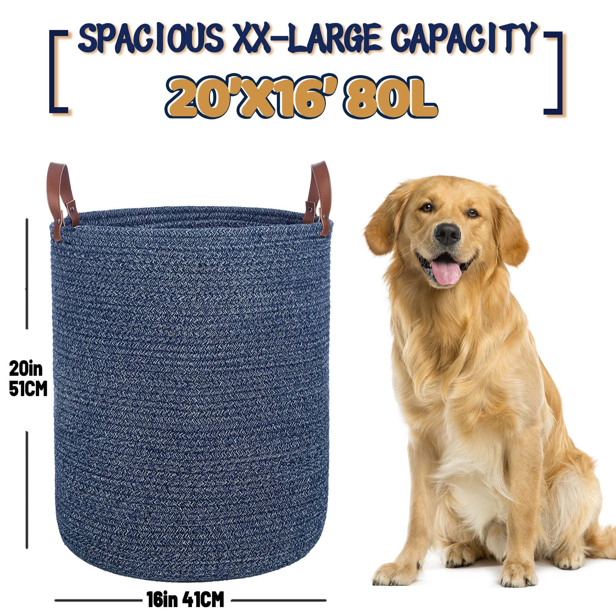 Caroeas XXXL Extra Large Rope Basket, 16''x20'' Woven Storage Basket with Leather Handles, Blanket Basket for Living Room, Tall Nursery Basket, Storage Organizer, Blue