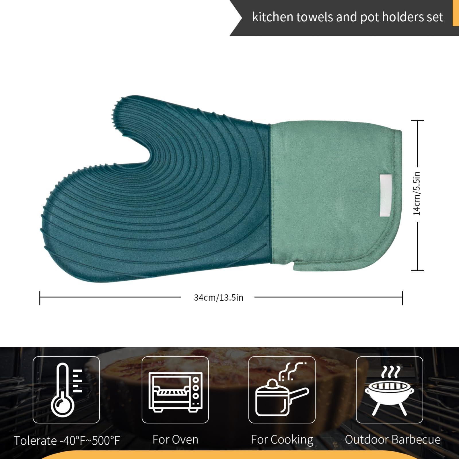 Oven Mitts Silicone Cotton Lined Green 2-Piece Cooking Grilling Baking
