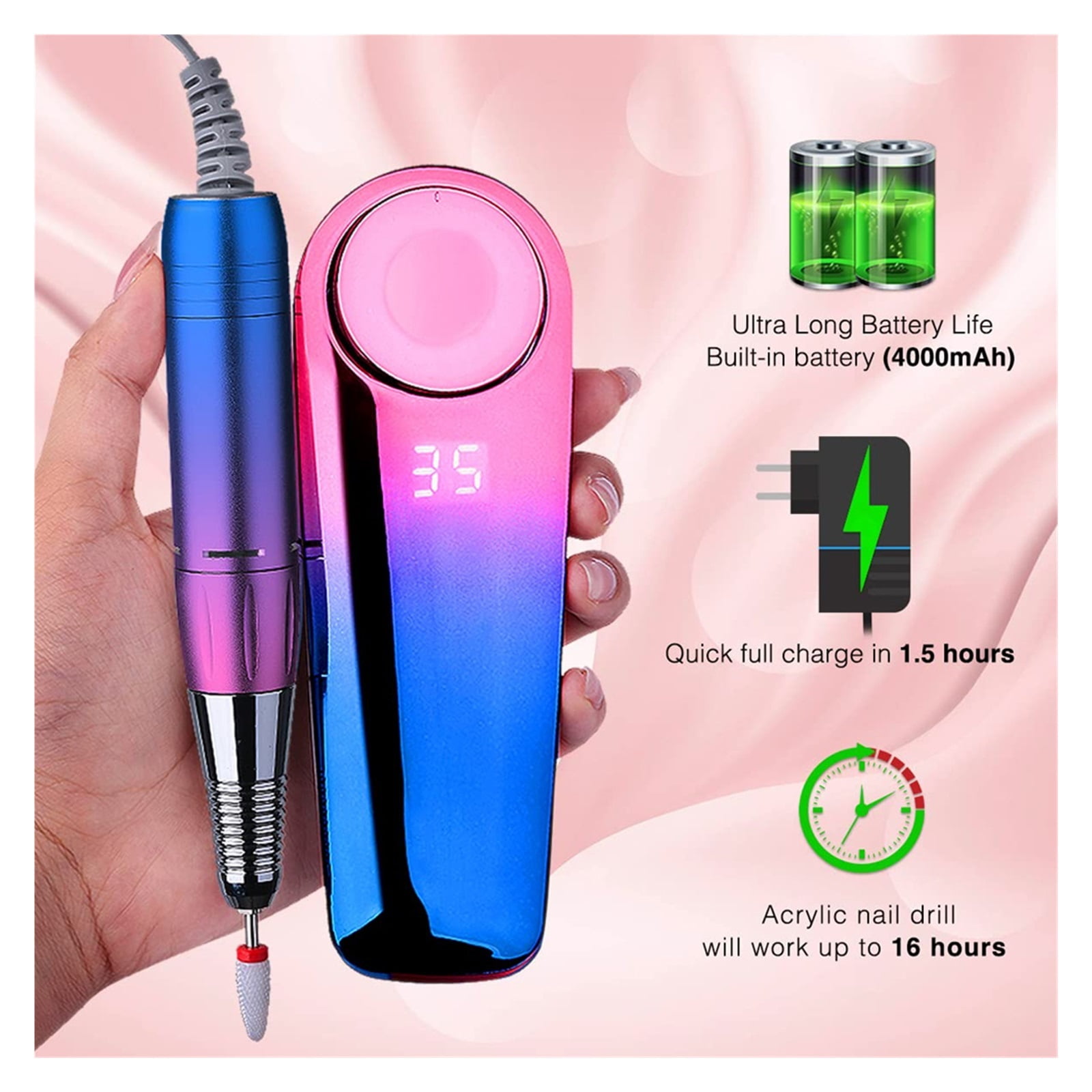 Professional Rechargeable 35000RPM Nail Drill Machine, Electric Nail File For Acrylic,Gel, Manicure Pedicure Polishing Shape Tools ,Low Noise