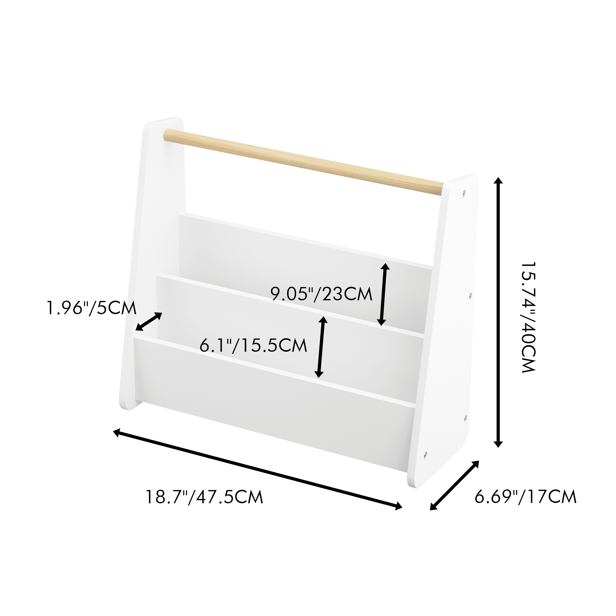Wooden Handle Bookshelf, 2-Tier Front-Facing Toddler Bookcase Rack, Portable Book Storage Display Organizer for Playroom Nursery Classroom, White