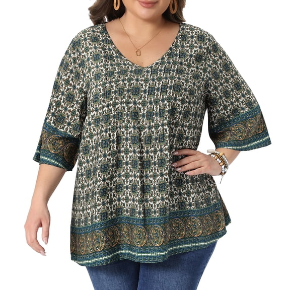 DARING DIVA Women's Plus V Neck 3/4 Sleeve Floral Print Work Tunic Blouse 1X Green