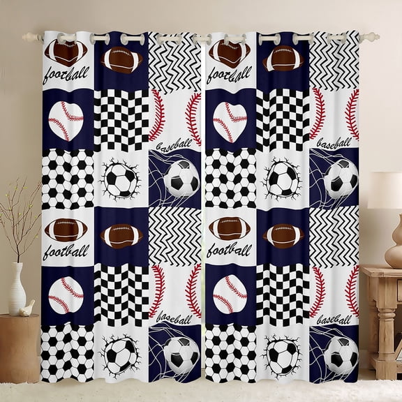 Homewish Est Sleep Sports Black Out Curtains for Teens, Cartoon Baseball Football Curtains Pack of 2 (42x63 Each), Chic Honeycomb Square Bedroom Curtains, Window Curtains Home Decor