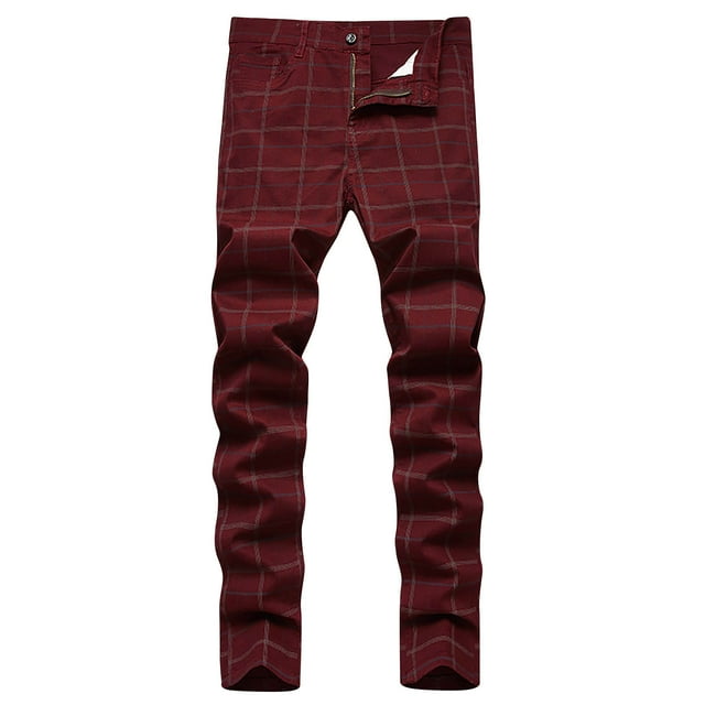 Fengqque Pantalon Habillé Homme à Carreaux Ajusté Coupe Ajustée Pantalon Habillé Extensible Coupe Régulière Décontracté Mode Golf Chino Crayon Vin 8(L)